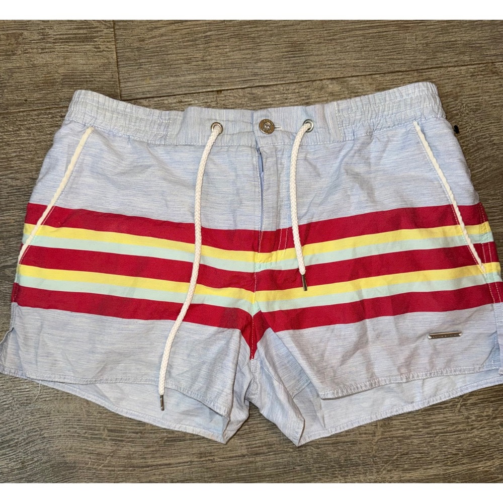 Parke & Ronen Mens Striped Swim Trunks Blue Red Yellow Size Small